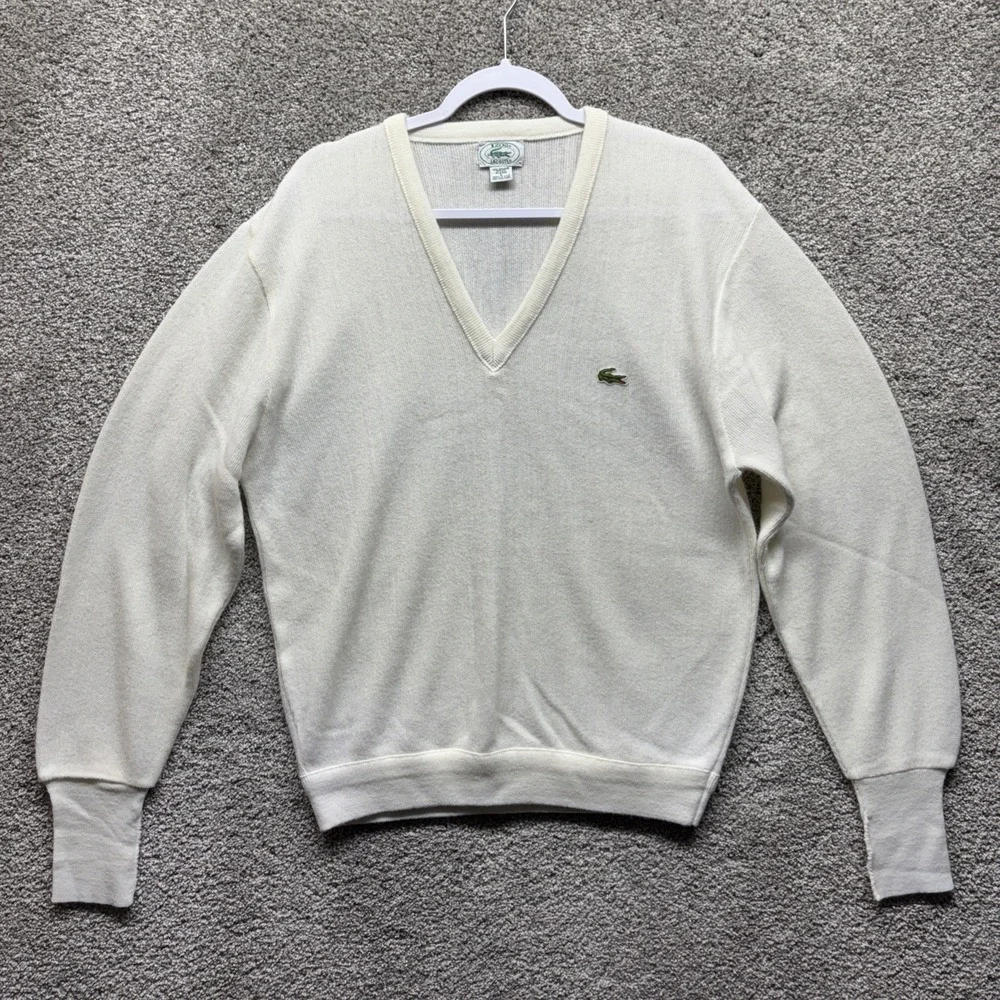 Vintage IZOD Lacoste Sweater Mens Large White Grandpa V Neck Orlon‎ Made USA 80s